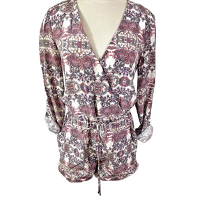 Intermix McCourty 100% Silk Faux Wrap Long Sleeve Paisley Romper Pockets Sz P/2